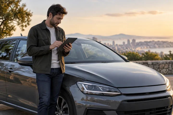 Persona consulta información en una pantalla junto a un coche estacionado