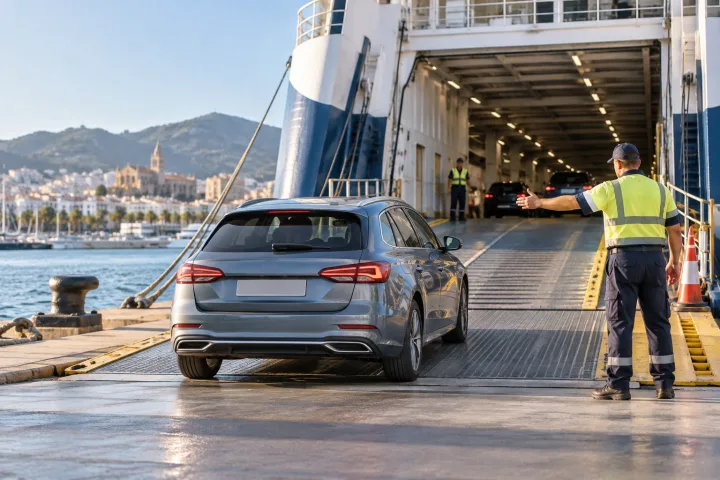 Coche preparado para subir a un ferry mientras personal del puerto dirige el embarque.