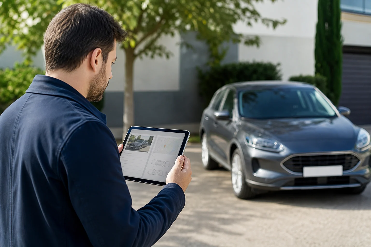 Comprador revisando en una tableta la documentación de un coche usado antes de concertar una visita