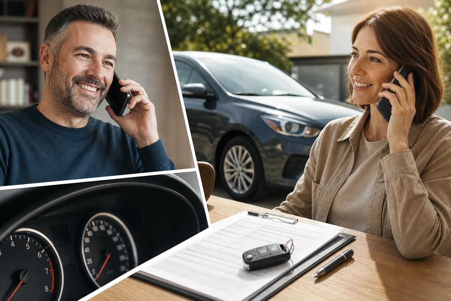 Comprador anotando matrícula, kilometraje y documentos solicitados al vendedor de un coche usado