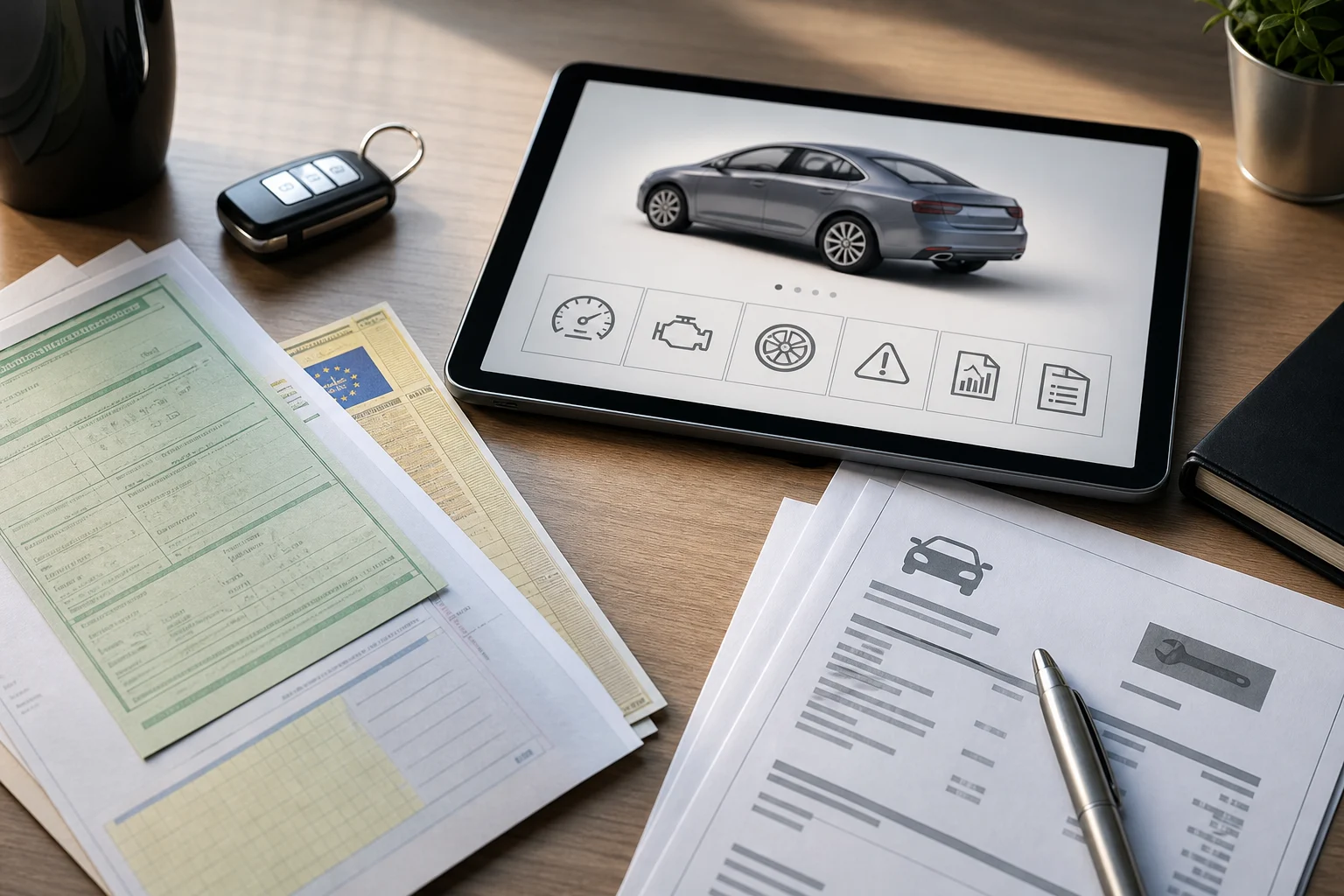 Documentación de un coche usado comparada con un informe de vehículo en una tableta