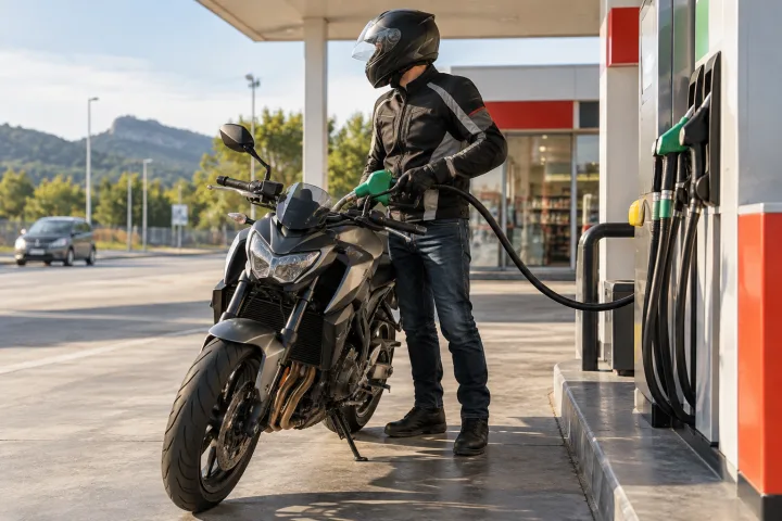 Motocicleta junto a un surtidor de gasolina en una estación de servicio