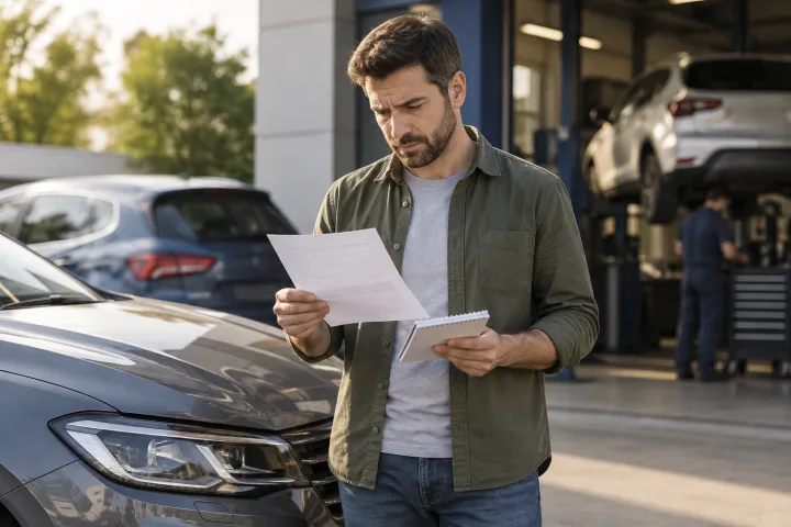 Propietaria compara un presupuesto de reparación con los costes de cambiar de coche junto a su vehículo.