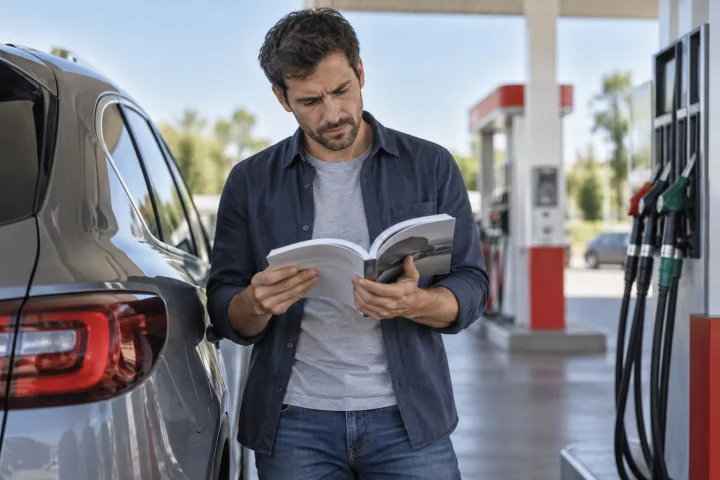 Conductor consultando el manual junto al surtidor de gasolina de una estación de servicio