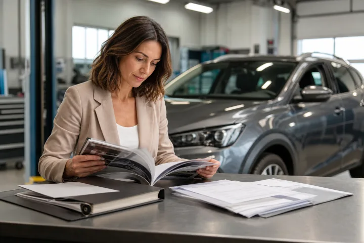 Propietaria consultando el manual y las facturas de mantenimiento junto a un coche aparcado.