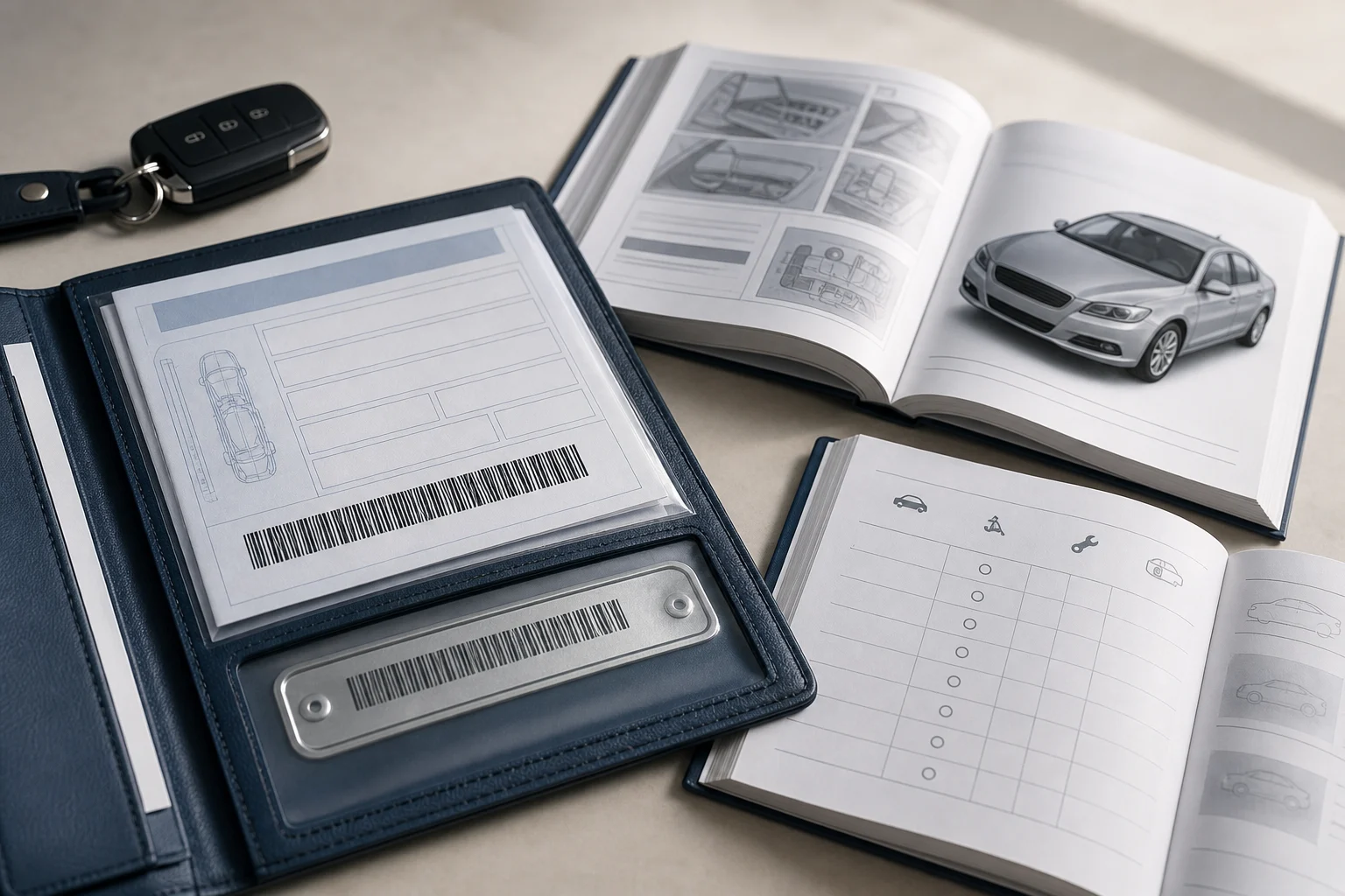 Documentación de un automóvil con el número de bastidor oculto y el manual del propietario abierto.