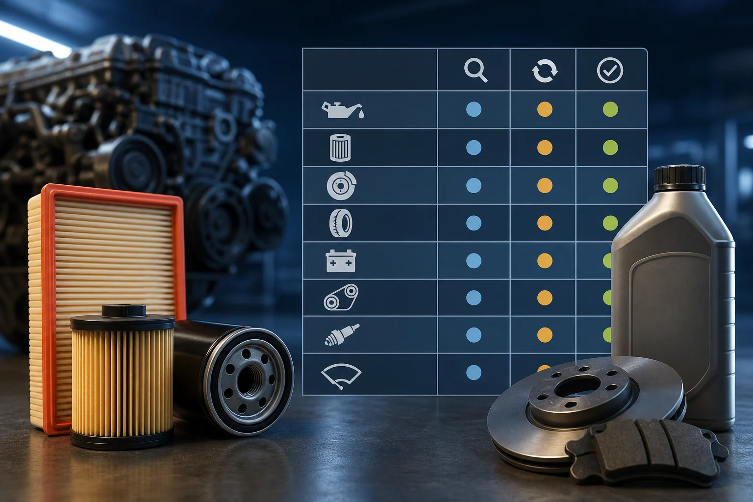 Tabla genérica de mantenimiento junto a filtros y líquido de frenos de automóvil.