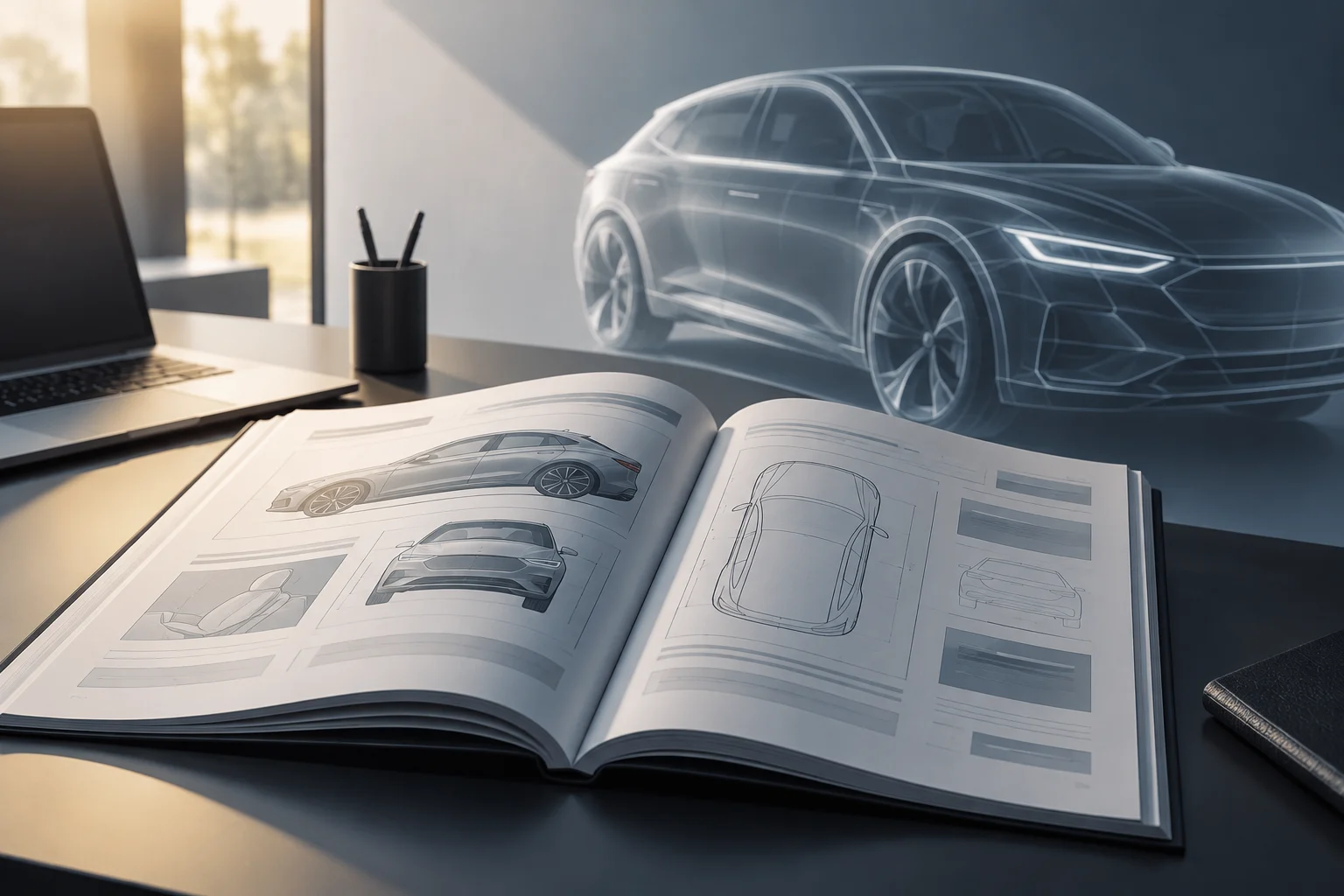 Documentación abierta junto a una ilustración abstracta de un coche