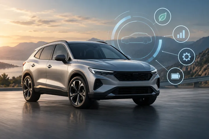 Ilustración de un coche moderno con una representación gráfica abstracta de datos del vehículo