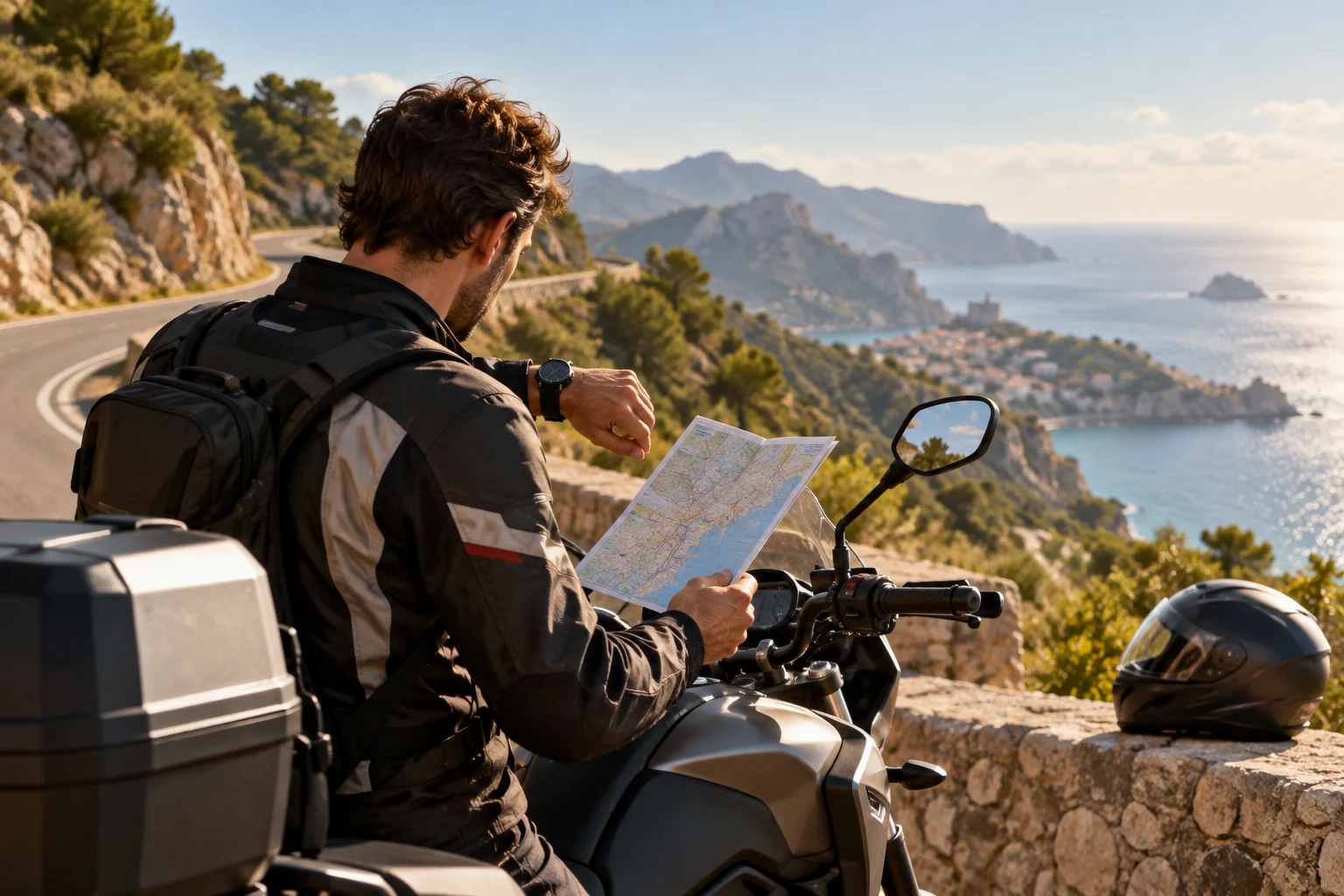 Motorista consulta el horario y el itinerario antes de un viaje de verano