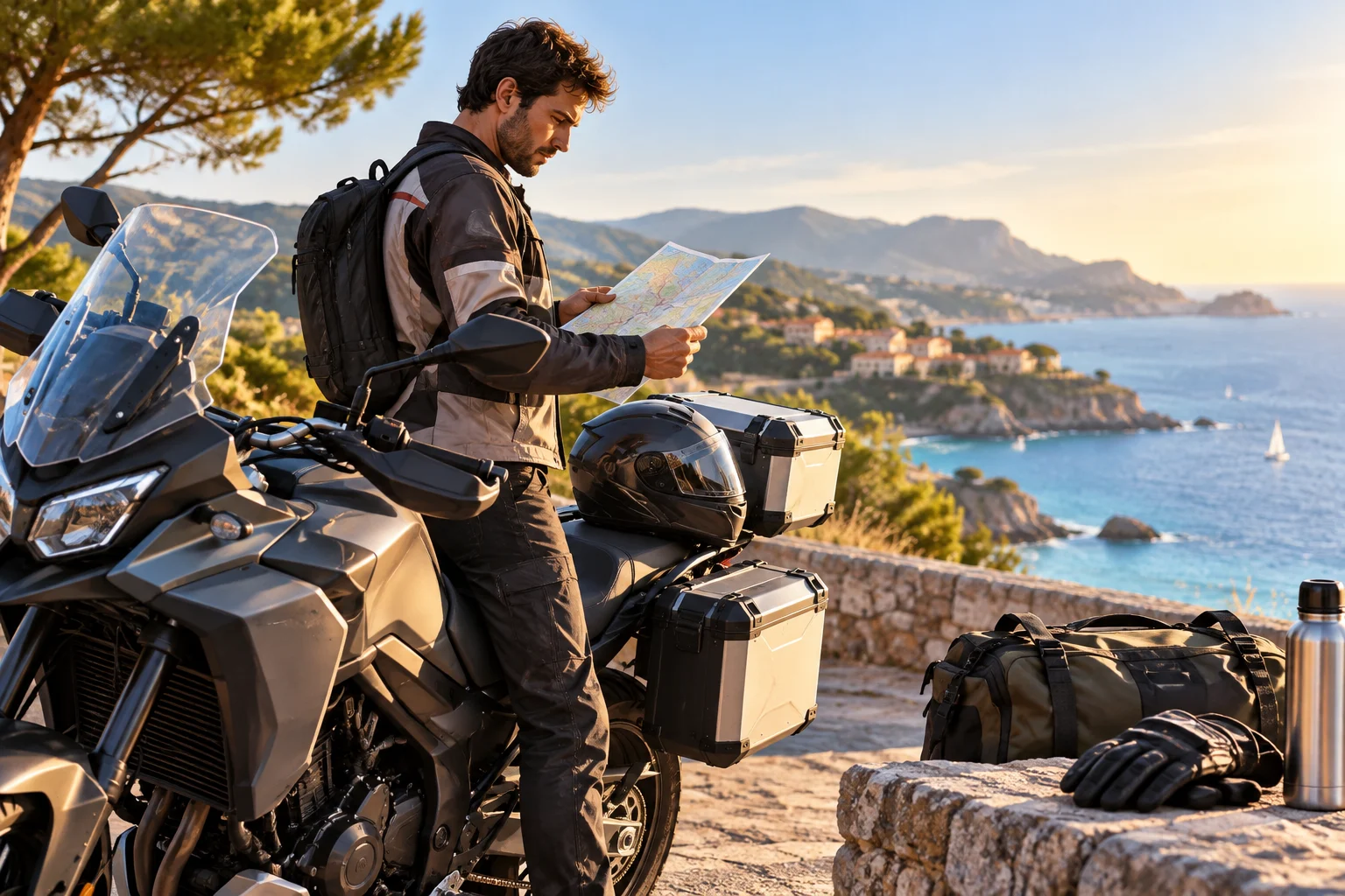 Motorista junto a su moto antes de un viaje de verano