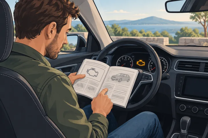 Conductor consulta el manual del vehículo ante un aviso en el cuadro
