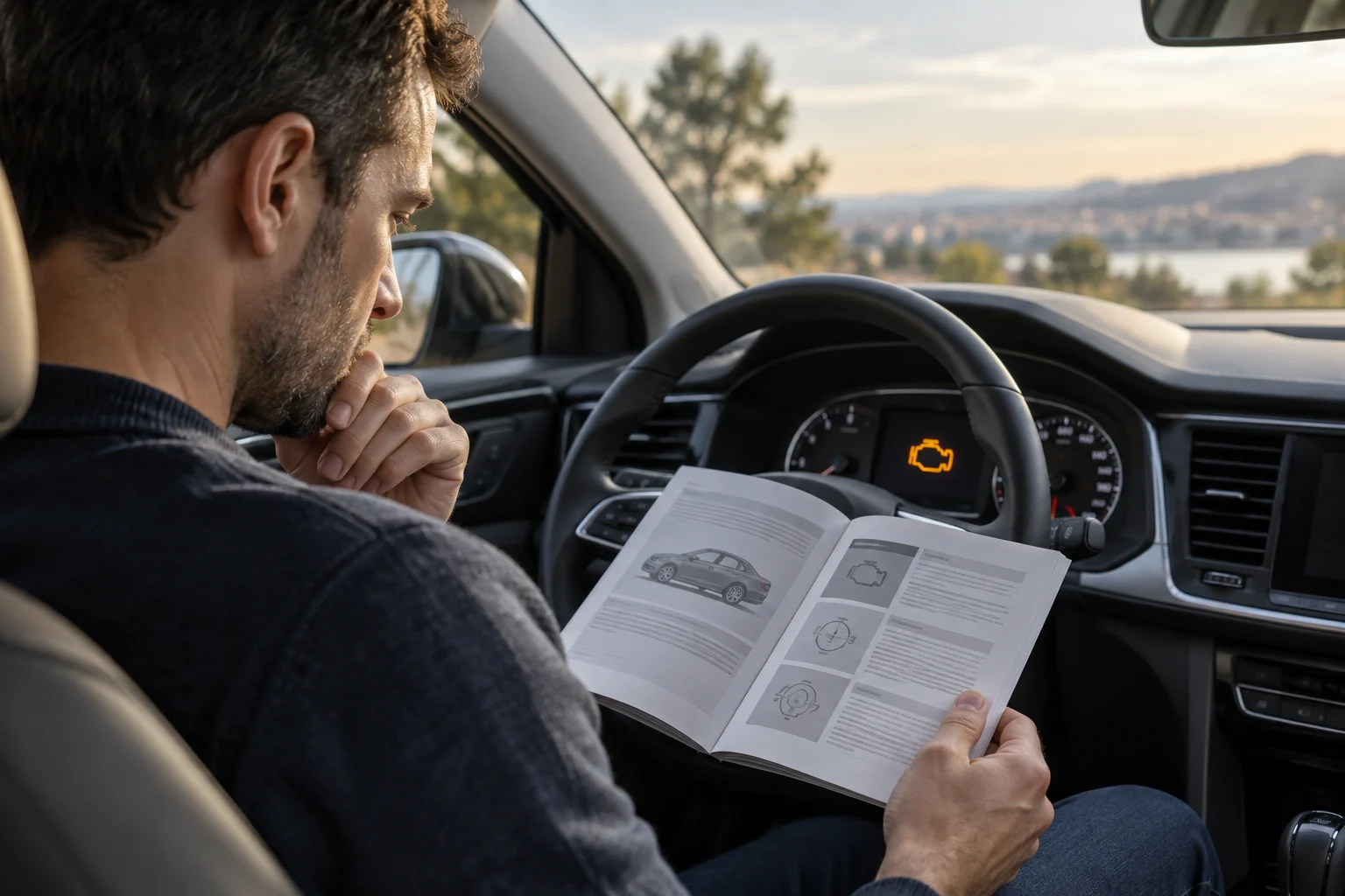 Conductor consulta el manual ante un aviso genérico en el cuadro del coche