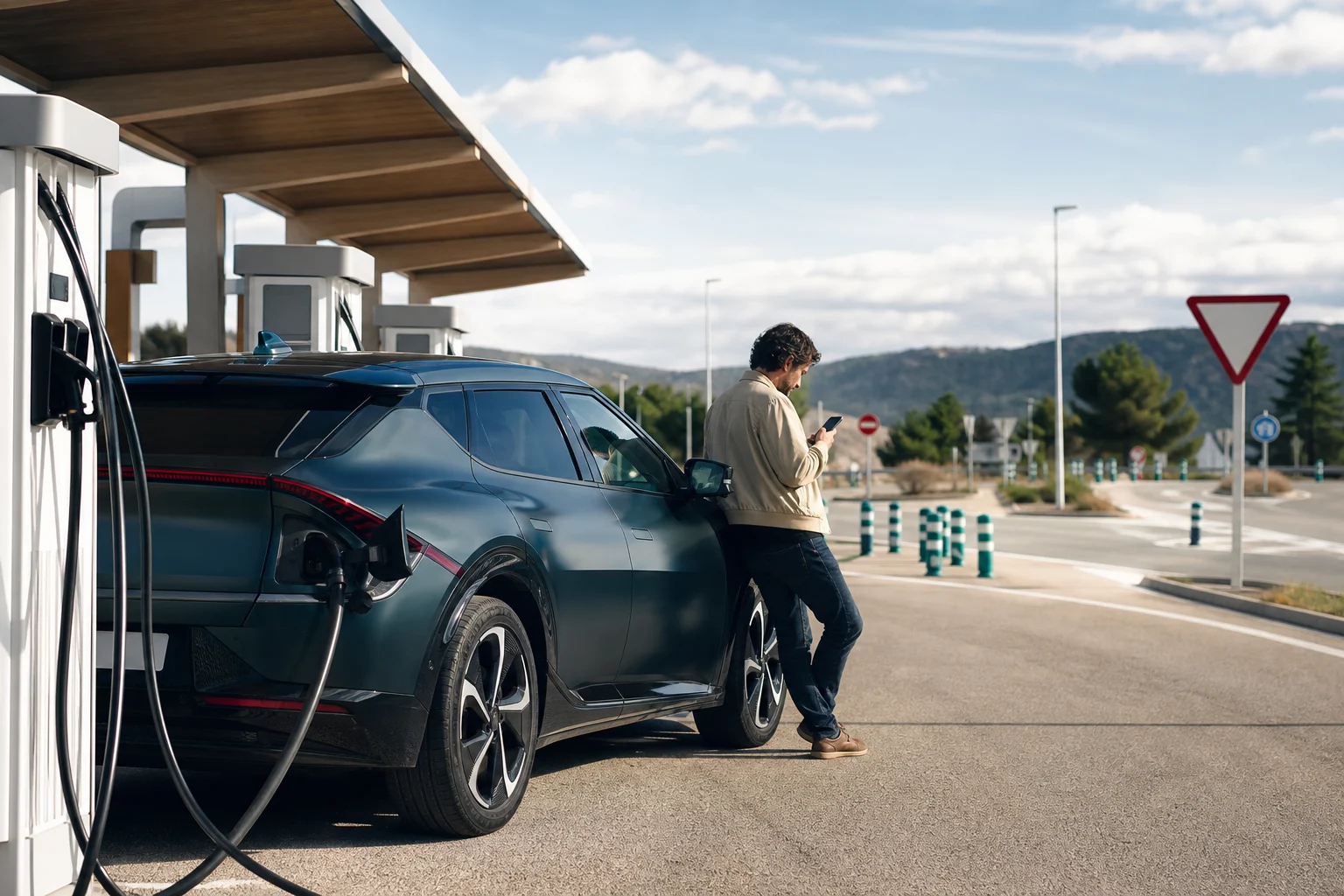 Coche eléctrico estacionado junto a cargadores públicos en un área de servicio española mientras una persona consulta la ruta en el móvil.
