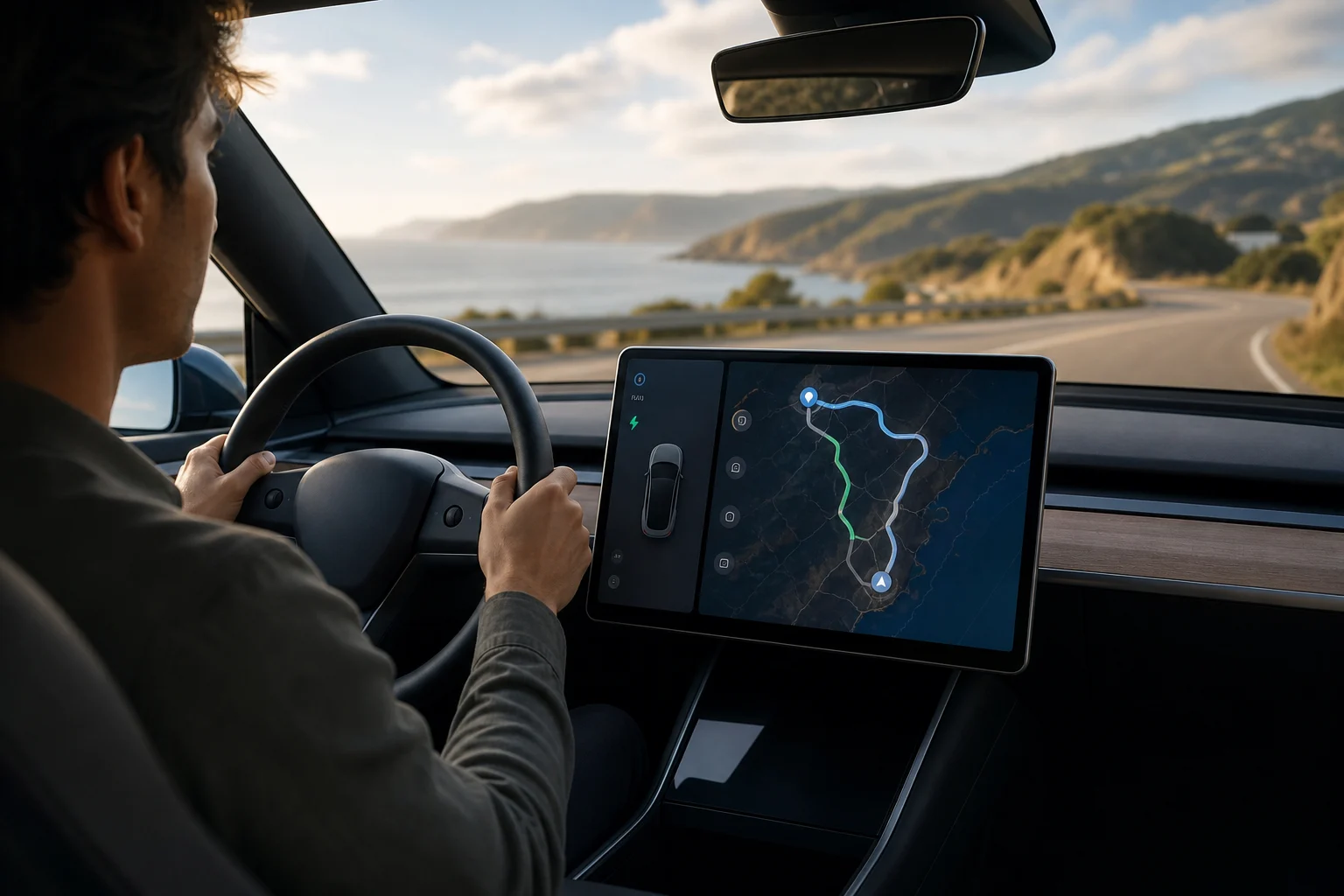 Pantalla de navegación de un coche eléctrico con una ruta de carretera y dos ubicaciones de recarga previstas.