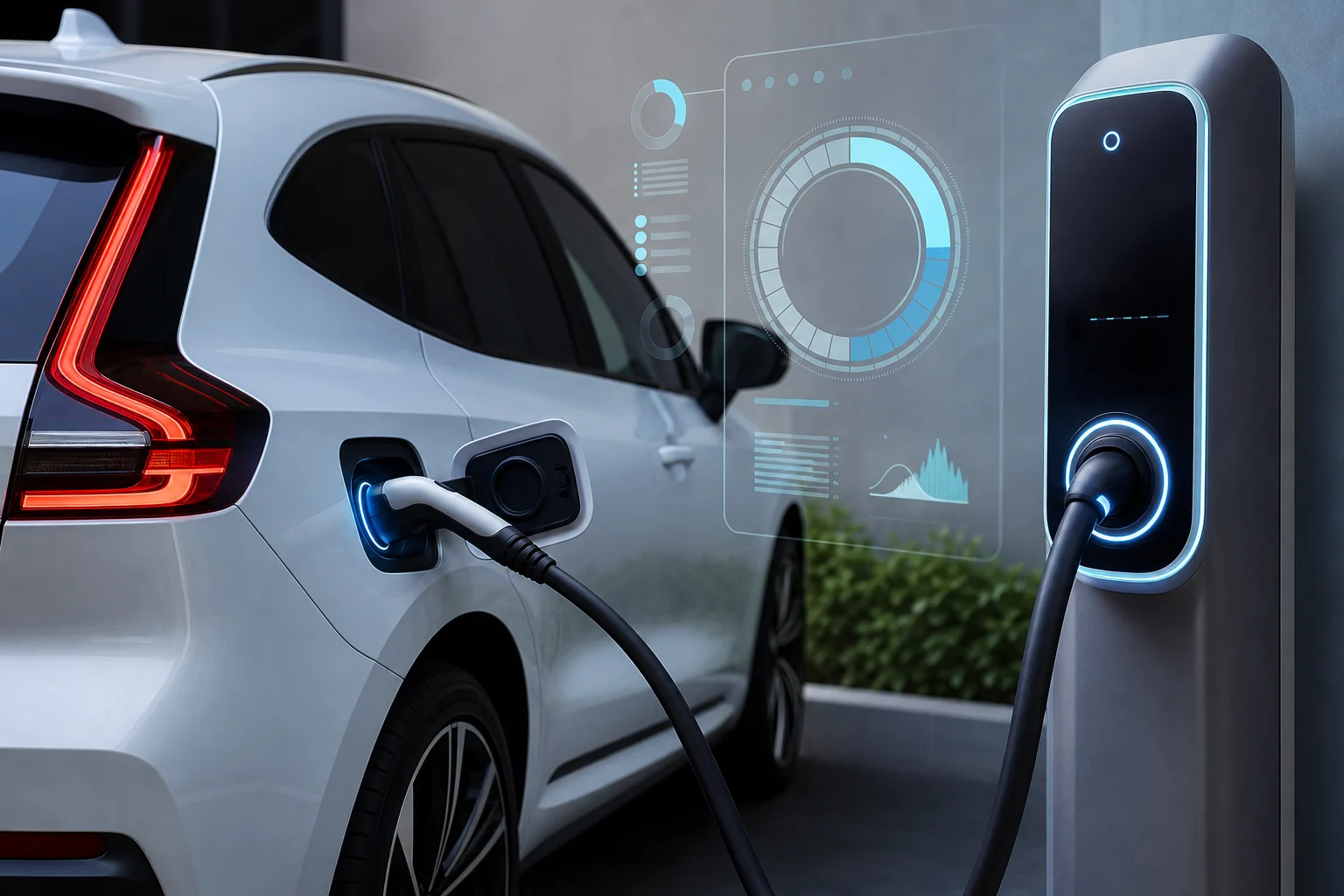Coche eléctrico conectado a un cargador con detalle del conector y de elementos gráficos de carga.