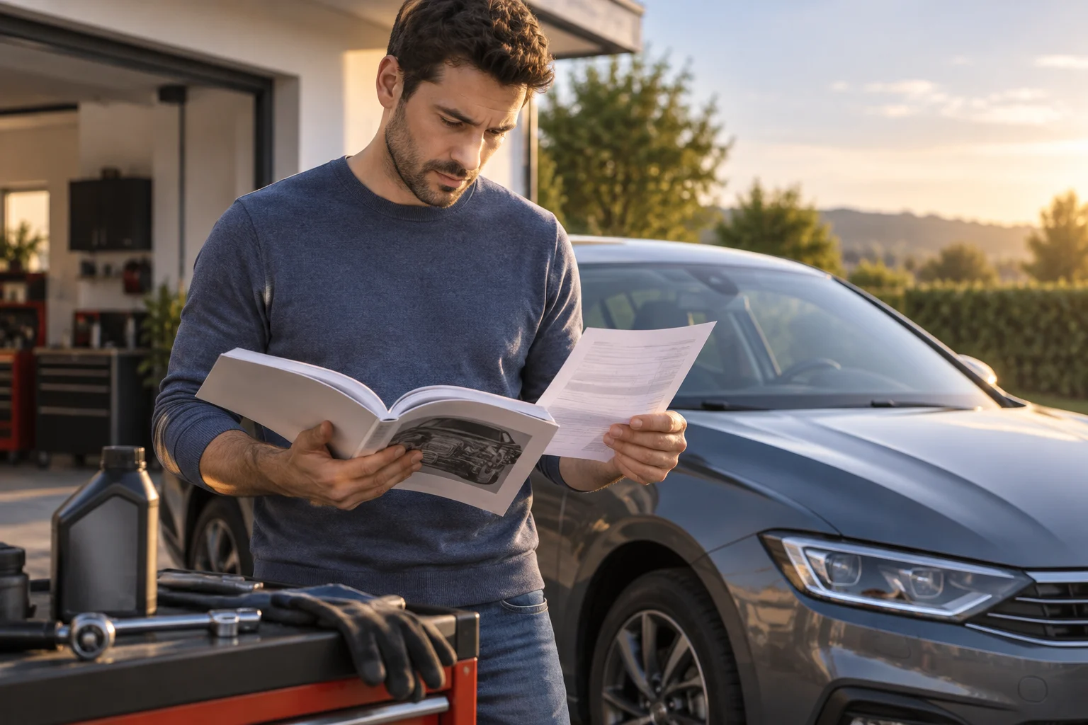 Conductor consulta el manual y una factura de mantenimiento de su coche