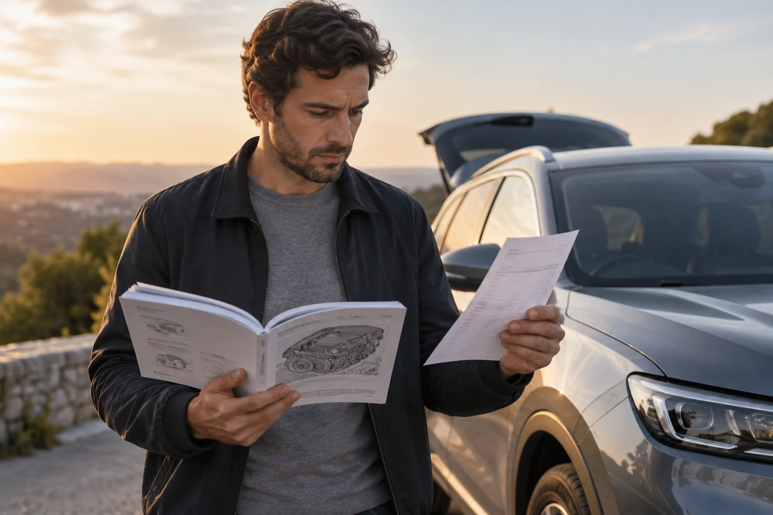 Conductor consulta el manual y una factura de mantenimiento de su coche
