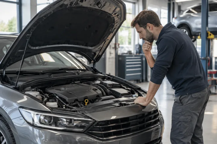 Técnico observa el compartimento del motor de un coche en un taller
