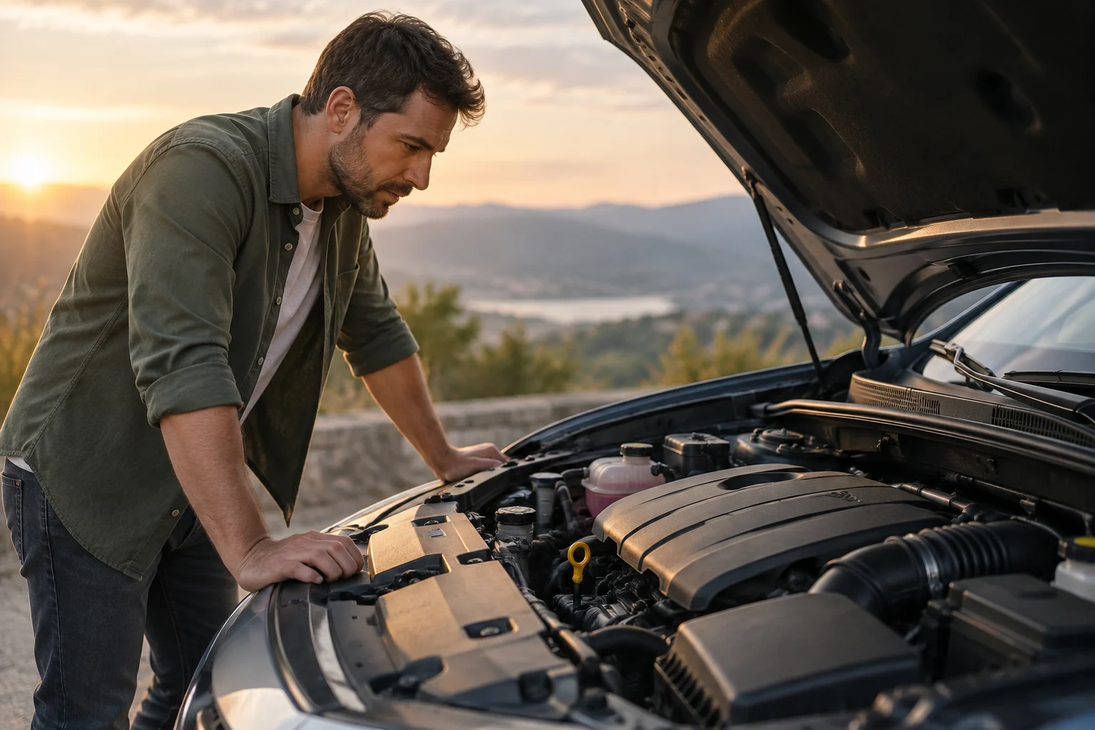 Persona observa el compartimento del motor de un coche