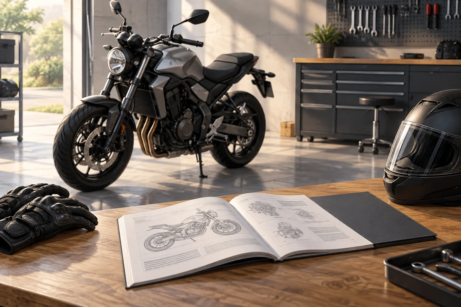 Motocicleta estacionada junto a documentación del fabricante.