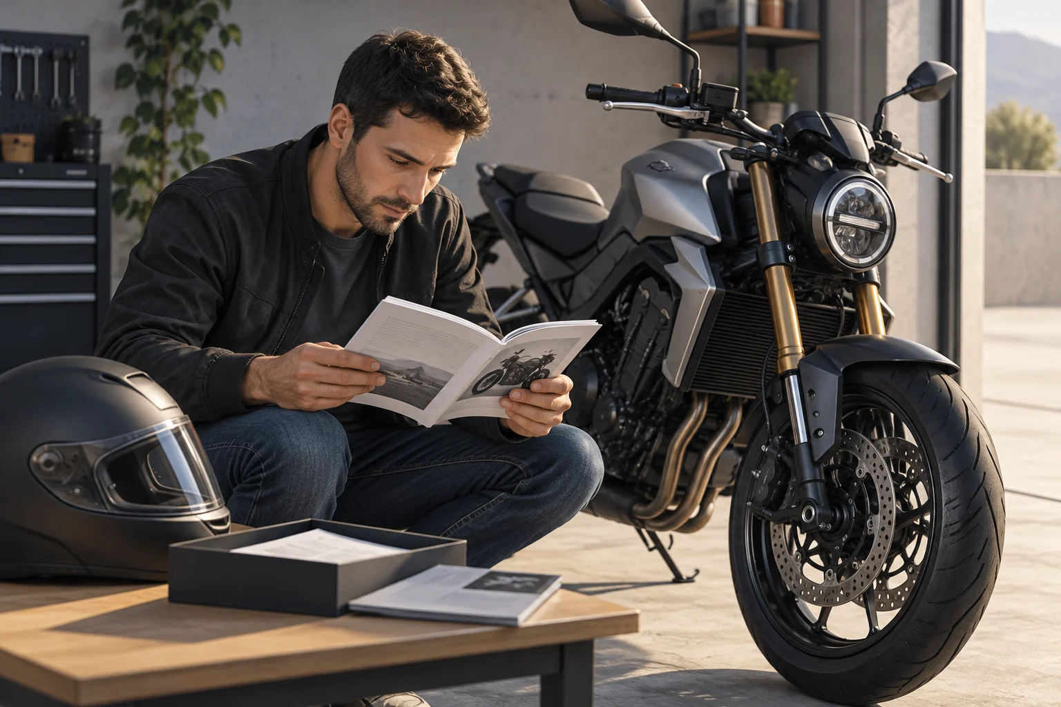 Persona comparando documentos junto a una motocicleta estacionada.