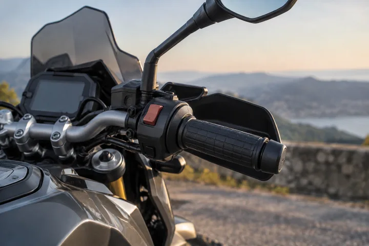 Puños calefactables genéricos junto al manillar de una moto sin marcas