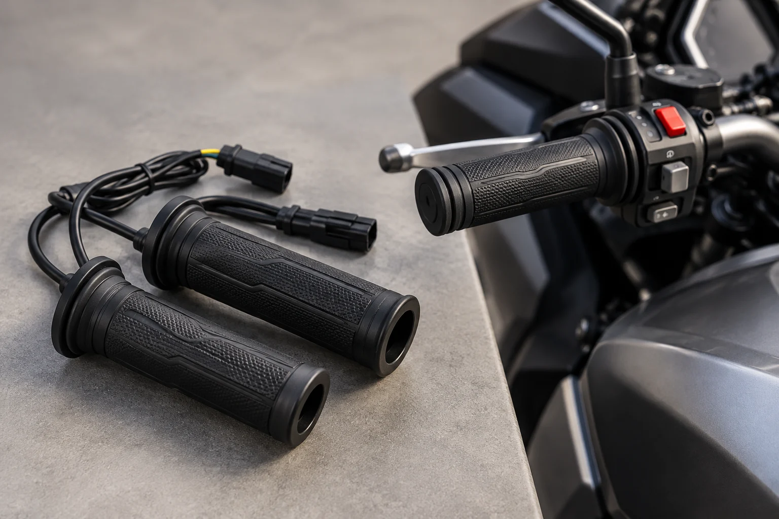Manillar de moto junto a unos puños calefactables genéricos