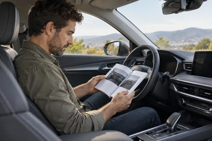 Persona consultando el manual de un coche nuevo estacionado antes de iniciar la marcha