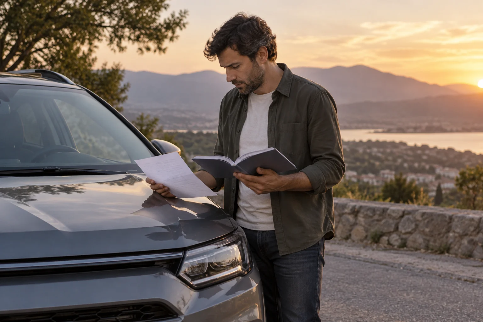 Persona revisando documentos junto a un coche nuevo estacionado