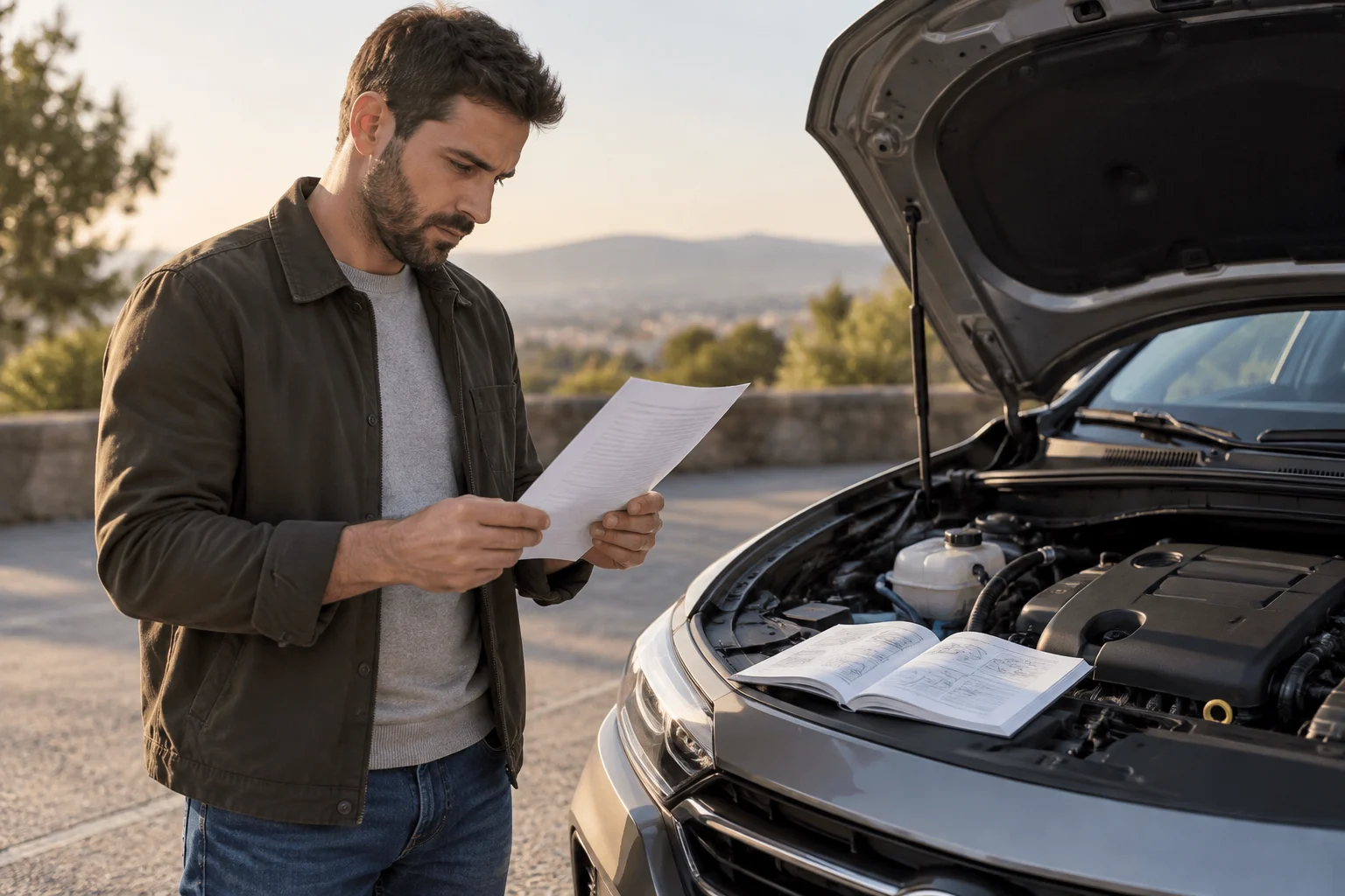 Persona comparando una página impresa con el manual de un coche