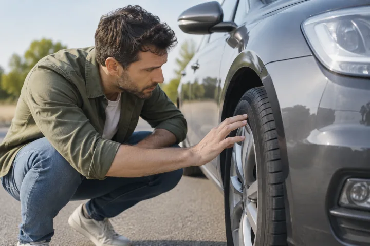 Una persona observa el flanco de un neumático montado en un coche usado.