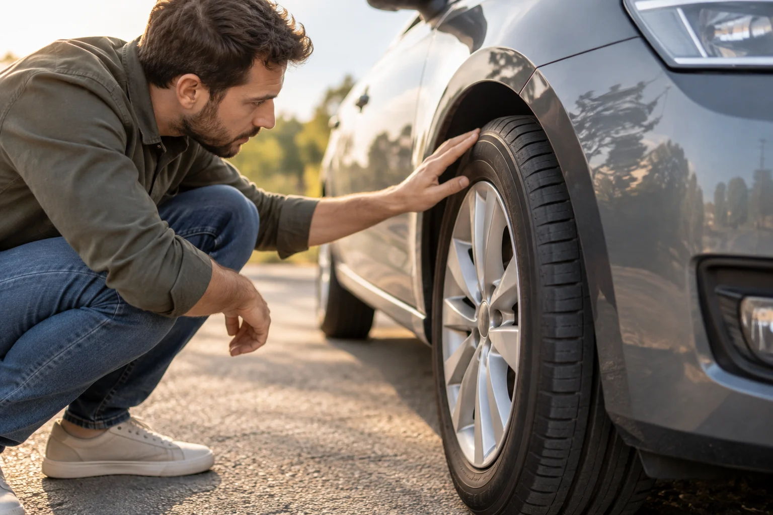 Una persona observa el flanco de un neumático montado en un coche usado.
