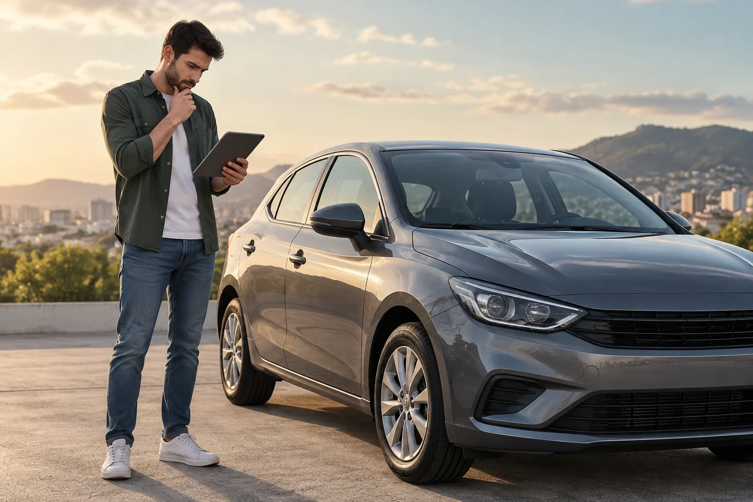 Una persona consulta información junto a un coche usado.