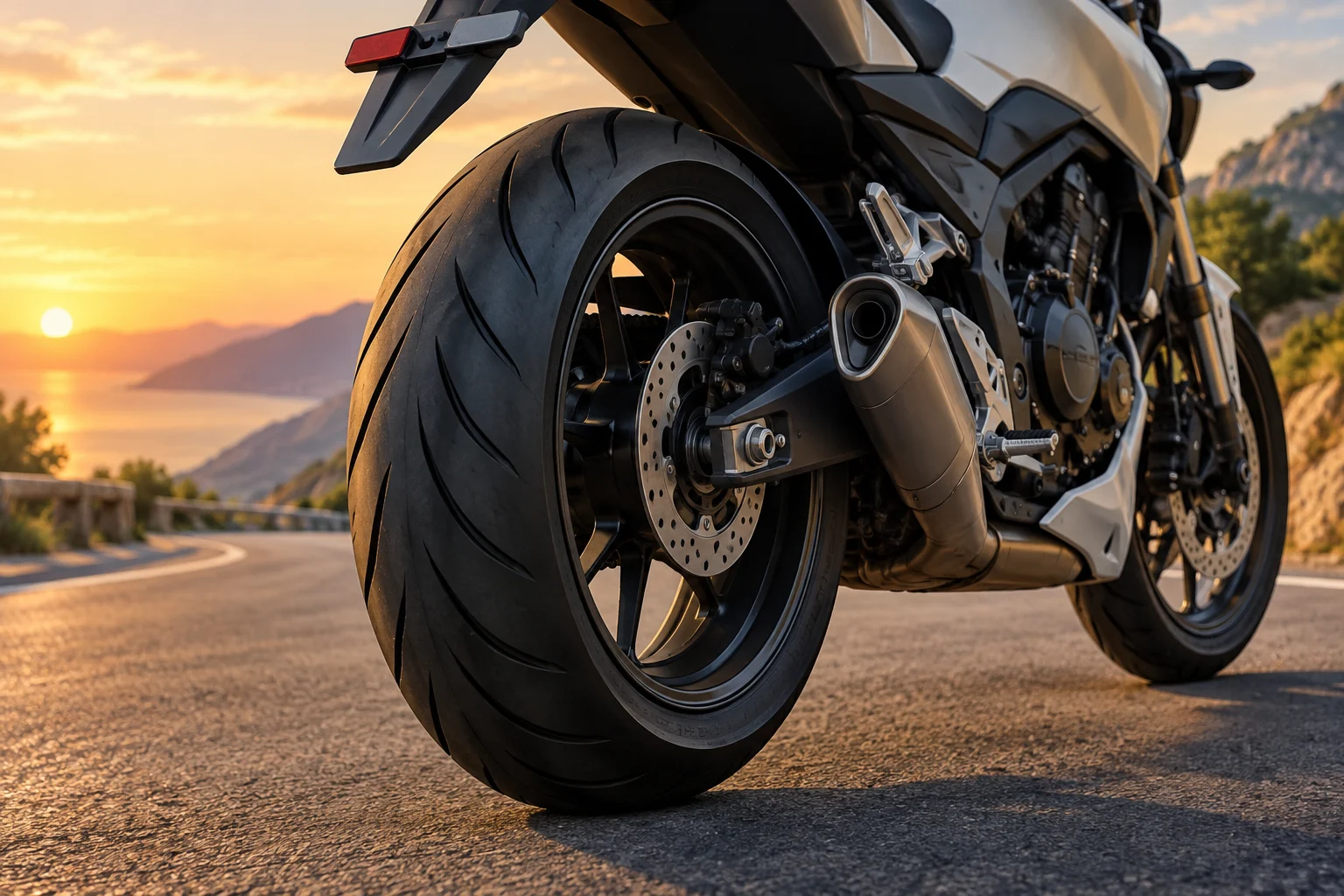 Motocicleta genérica con la rueda trasera destacada, sin representar mecanismos internos.