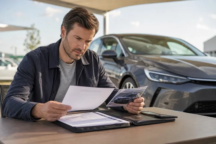 Una compradora revisa el contrato y la documentación de un coche usado junto al vehículo aparcado.