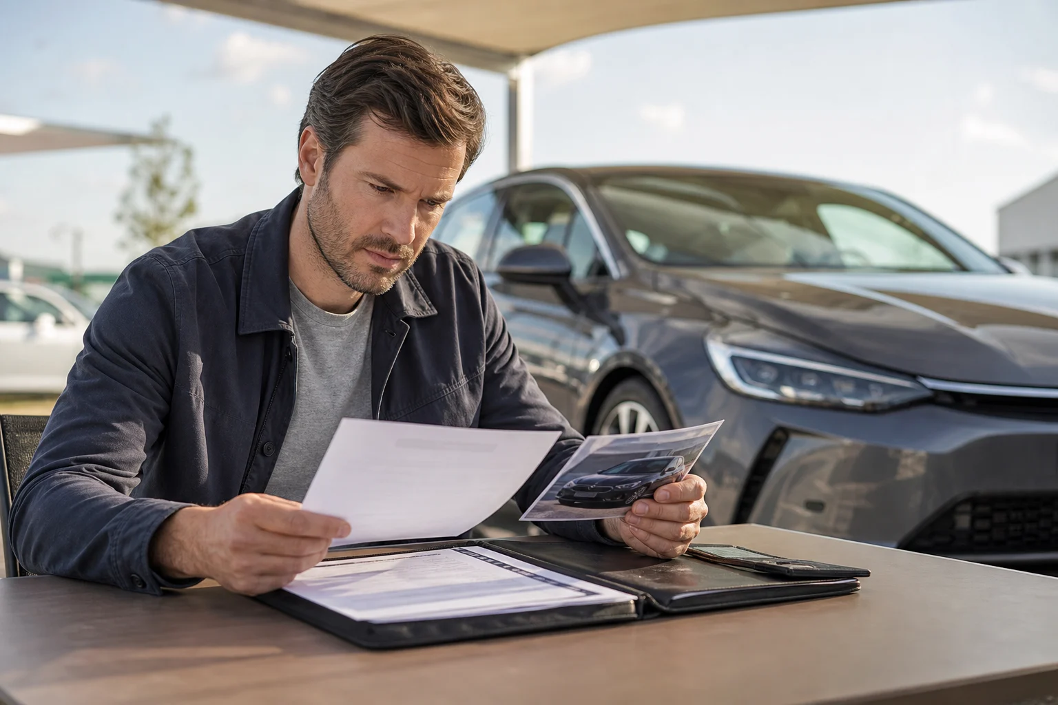 Una compradora revisa el contrato y la documentación de un coche usado junto al vehículo aparcado.