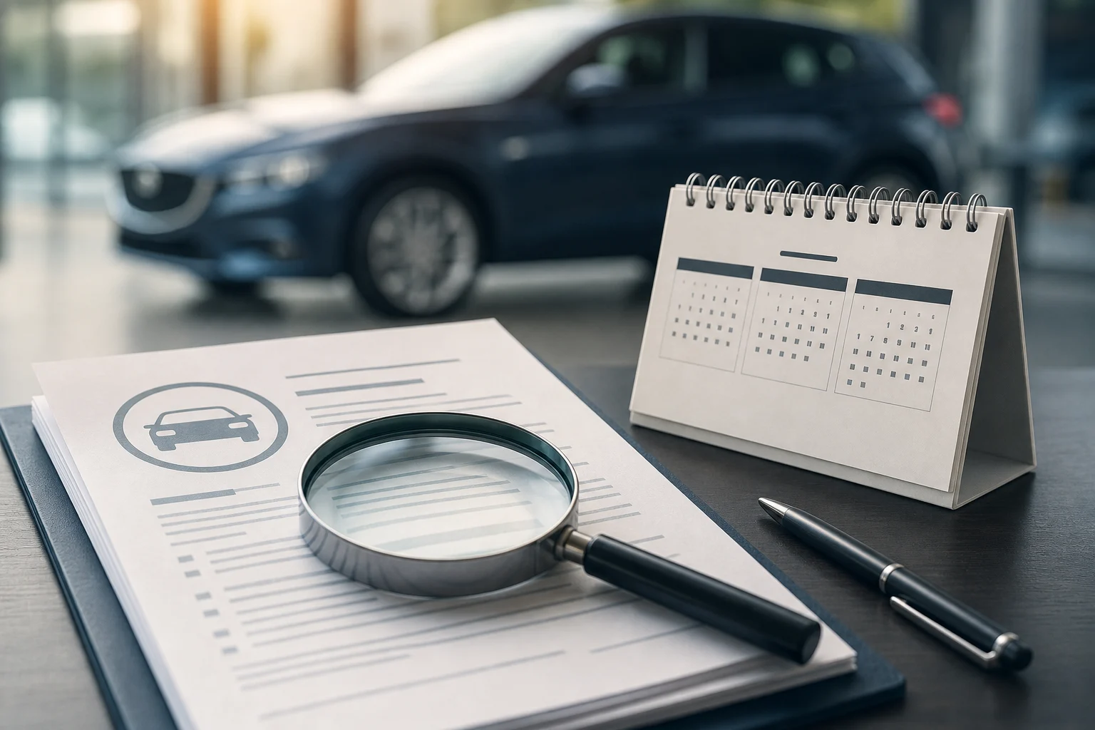 Calendario y contrato usados para revisar el plazo de responsabilidad de un coche de ocasión vendido por un profesional.