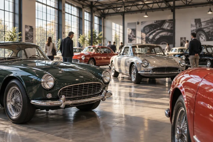 Automóviles clásicos expuestos en una sala de museo de estilo industrial