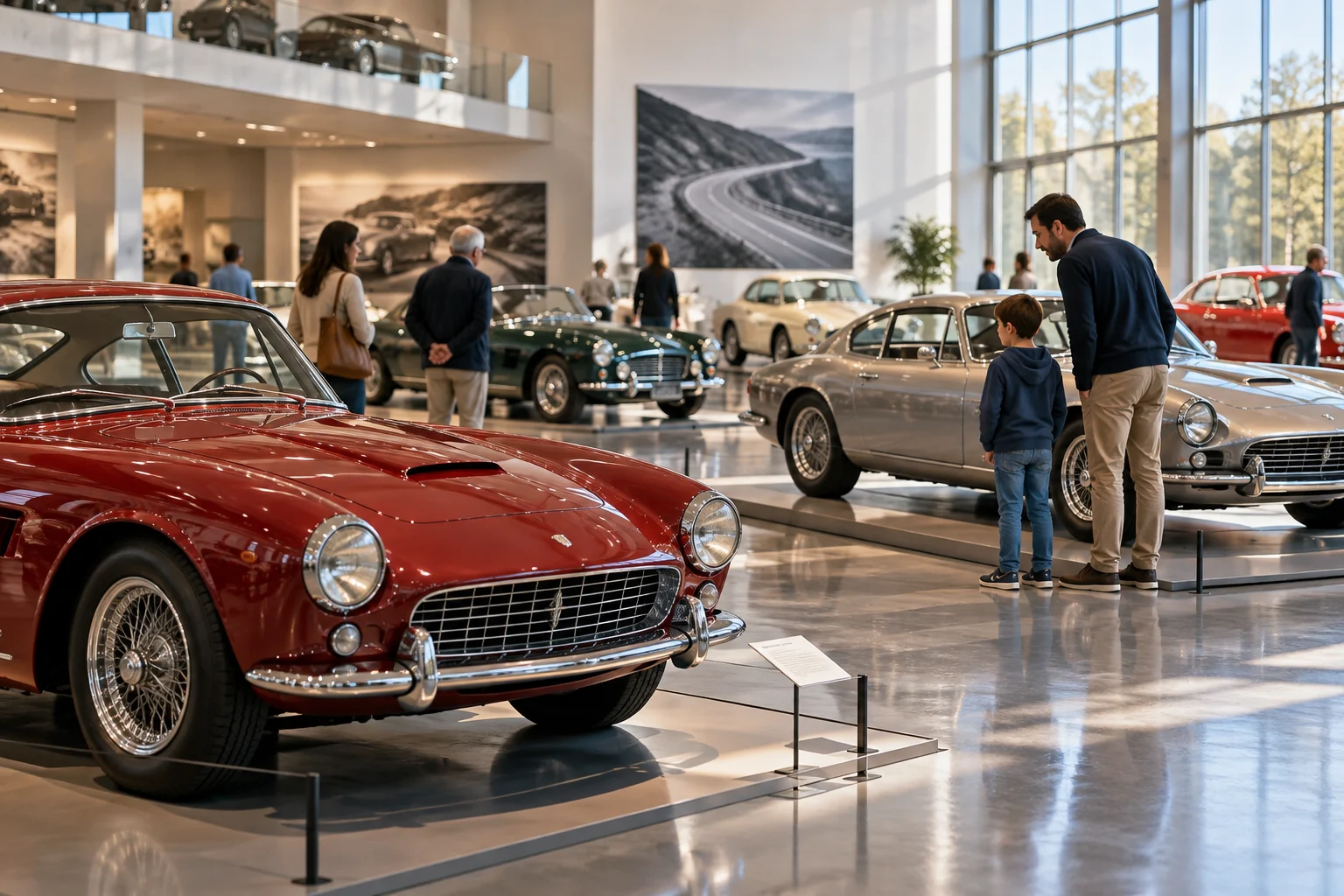 Visitantes observan coches clásicos en una sala de exposición