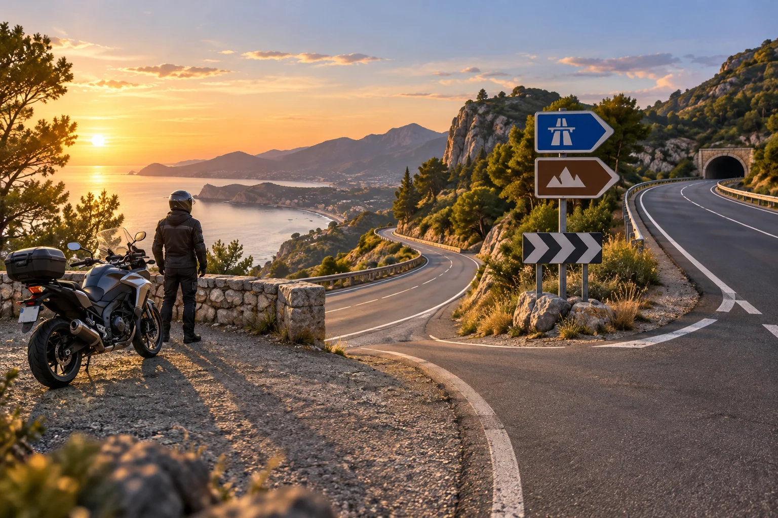 Una moto ante dos opciones de carretera en un paisaje rural