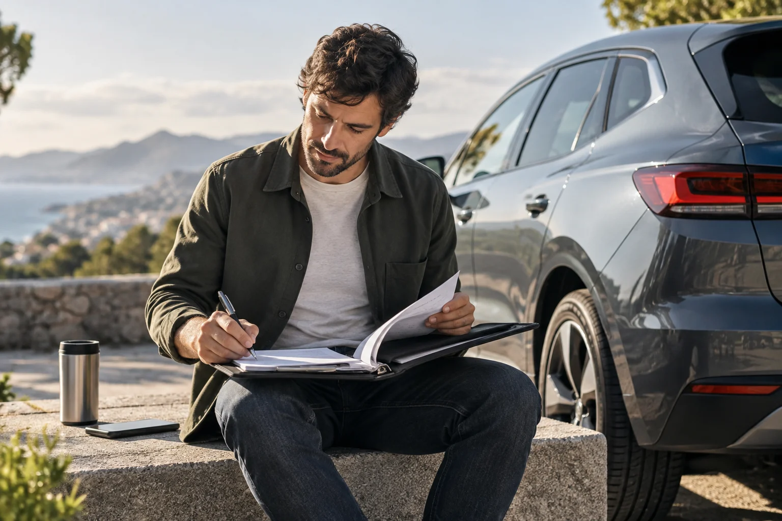 Una persona organiza documentos y notas junto a un coche antes de preparar el anuncio.