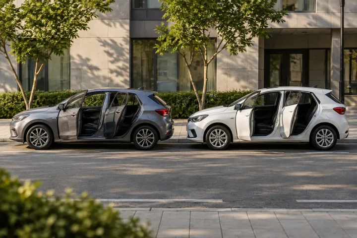 Dos coches compactos aparcados uno junto al otro, con las puertas abiertas para mostrar sus accesos