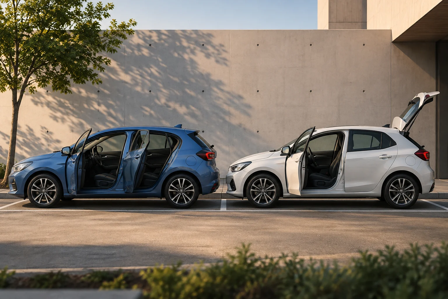 Dos coches compactos genéricos aparcados uno junto al otro con algunas puertas abiertas