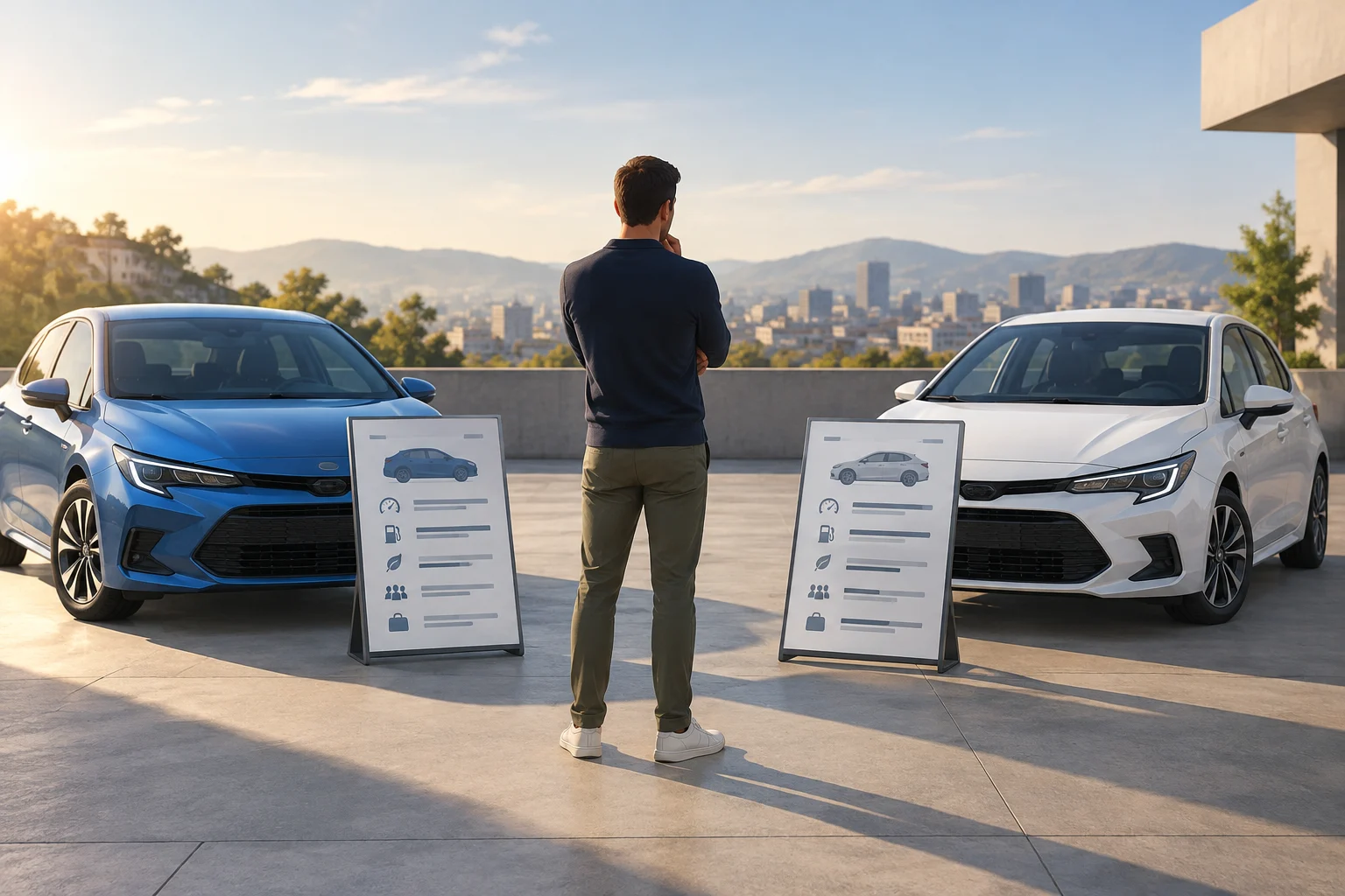 Dos coches compactos genéricos junto a una persona que compara sus fichas técnicas