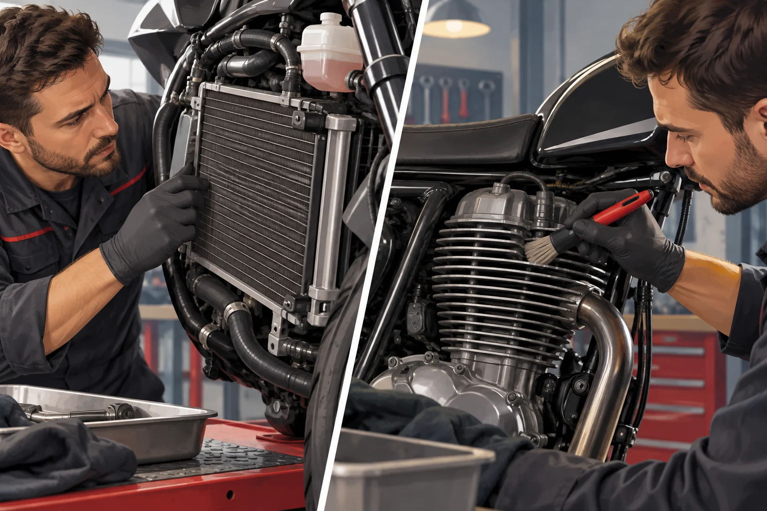 Técnico revisando el sistema de refrigeración de una moto