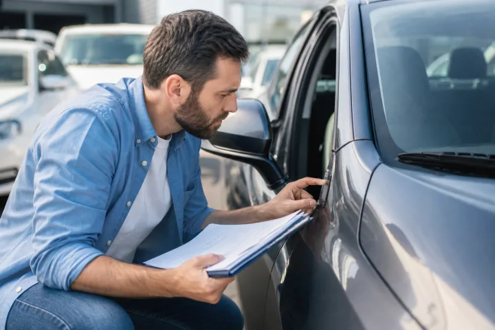Comprador revisando el número de bastidor de un coche usado junto a la documentación del vehículo.