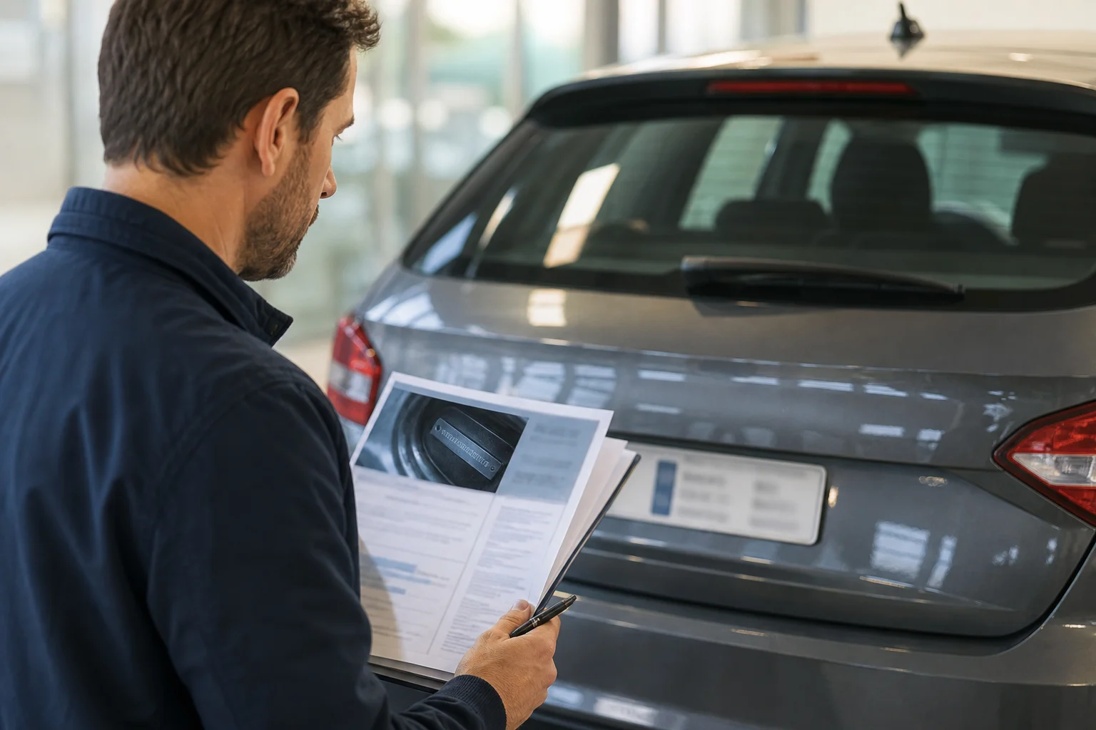 Persona revisando el VIN y la matrícula en la documentación de un coche usado.