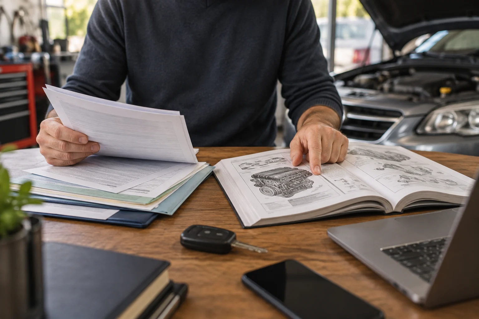 Comprador compara documentos del vehículo con un manual técnico