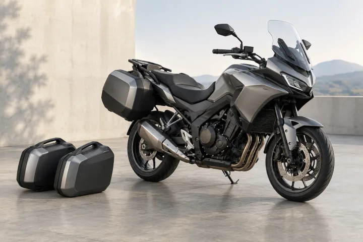 Motocicleta touring genérica con maletas laterales montadas y otras desmontadas a su lado